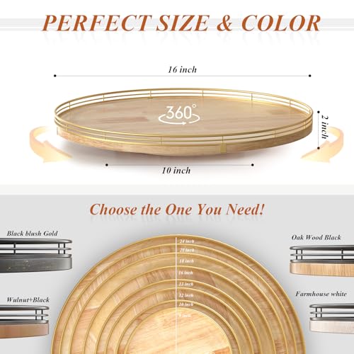 16 Inch Rustic Lazy Susan with Solid Oak Base and Black Iron Rail