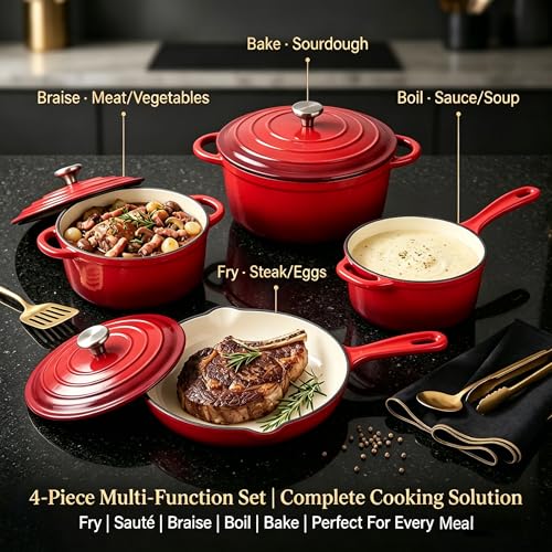 Enameled Cast Iron Cookware Set (Red)