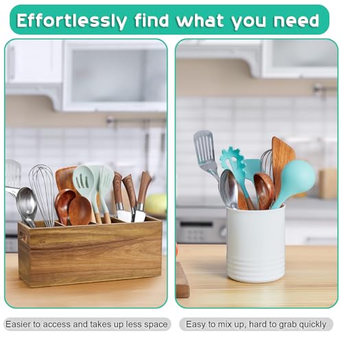 Acacia Wood Utensil Holder with Removable Divider (Acacia / 4 Compatment)