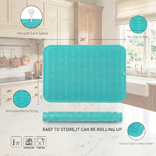 Silicone Dish Drying Mat for Multiple Usage (Mint / 28"L x 18"W)