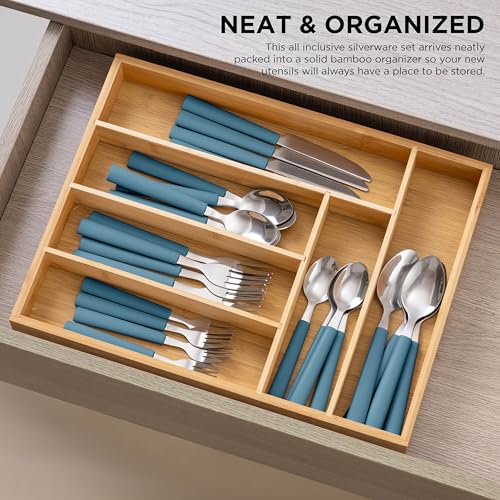 Bamboo Kitchen Utensil Set with Drawer Organizer (Blue / 25 Piece Cutlery Set)