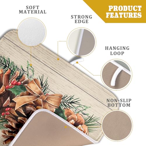 Winter Pine Cone Dish Drying Mat Holly Berries Dish Draining Mat Microfiber Washable Dish Drainer Rack Mat for Home Kitchen Counter 16"x18" (Winter Pine Cone / 16" x 18")