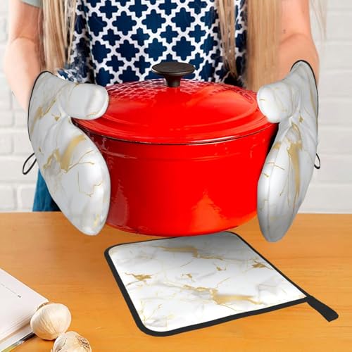 White Gold Marble Oven Mitts and Pot Holders Sets of 3 Heat Resistant Oven Gloves Hot Pads Non (White Gold Marble)