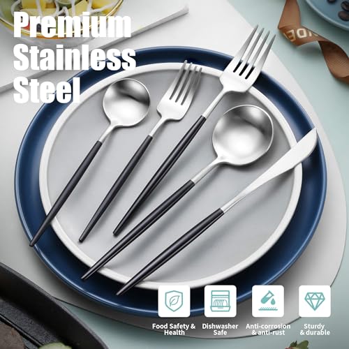 Matte Black Silver Silverware Set for 4 (Black/Silver / 20 Pieces Set)