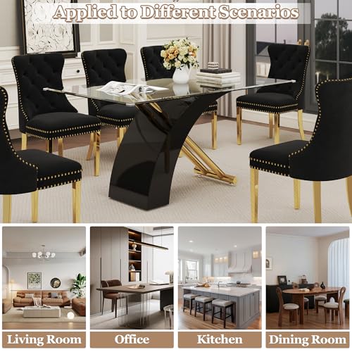 7 Piece Glass Dining Table Set for 6 (Black Table & Gold Black Chair / 7-Piece Set-X-Shaped Table)