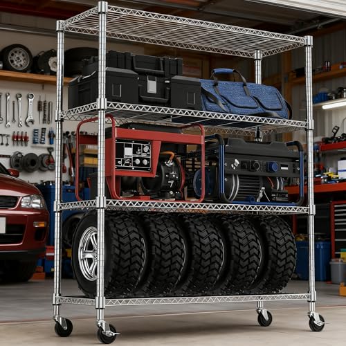 1400LBS 47.2" W 4 Tiers Storage Shelves Metal Shelving Unit with Wheels Heavy Duty Garage Shelving Adjustable Wire Shelves for Pantry (4 Tiers, 17.7"D x 47.2"W x 62.6"H / Chrome)