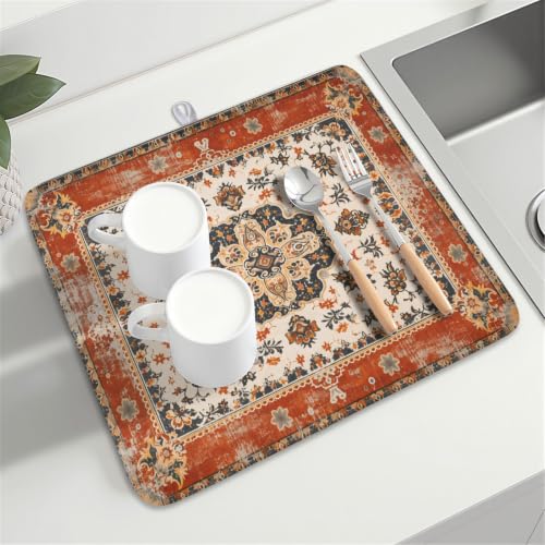 Ethnic Boho Dish Drying Mat Rust Coral Floral Decorative Dishes Pad 16x18 Inch Absorbent Fast Dry Drainer Rack Mats for Kitchen Countertop (Ethnic Boho Orange / 16x18 inch)