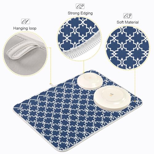 Super Absorbent Dish Drying Mat Microfiber Fast (Navy Blue Moroccan / 18" x 24")