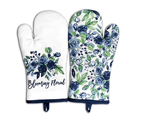 Oven Mitts Set of 1 Quilted Liner with Hanging Loop Non Slip (7x13 inches / Blooming Floral)
