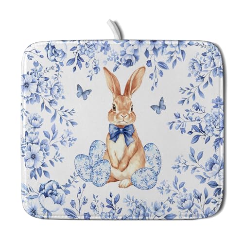 Vintage Microfiber Dish Drying Mat Blue Easter Floral Kitchen Drying Mats for Dishes 18 X 16 (Vintage Easter Blue / 18" x 16")