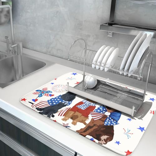 4th of July Patriotic Dogs Dish Drying Mat American Independence Day Dish Dry Pad 18"x24" Absorbent Dishes Drainer Mat for Kitchen Counter (Patriotic Dogs / 18" x 24")