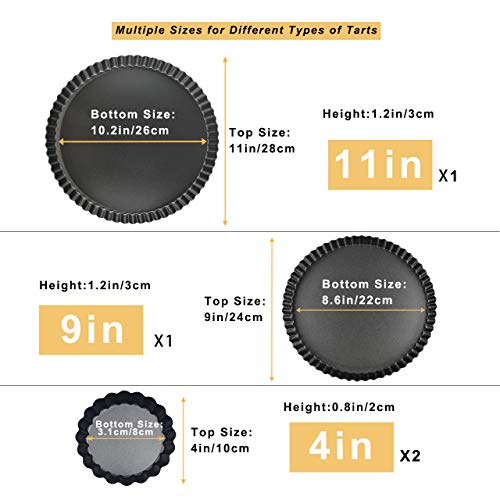 11 & 9 Inch Round Tart Pans with 2Pcs 4'' Mini Pans. Removable Bottom ((11+9+4) IN)