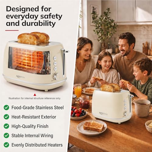 Toasters 2 Slice Retro Stainless Steel Toasters with Bagel (2 Slice / Beige)