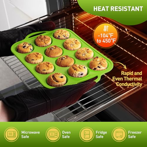 12 Cups Silicone Muffin Pan with Metal Reinforced Frame Regular Size Cupcake Pan Tray Egg Bites Silicone Circle Cookie Molds Muffin Tin Tart Pans Baking Sheet Set for Oven Dishwasher Safe (1pc: 12-Cup Regular / Green)