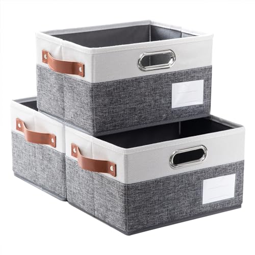 Foldable Storage Bins with Handles [3 (Grey & Cream / Medium(3-Pack))