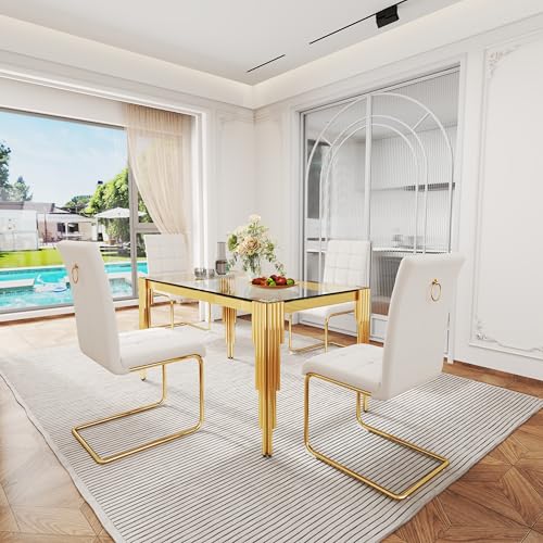 53'' Glass Dining Table Set for 4 (5PCS-52.76” L x 33.07” W x 29.53” H / Clear Gold - White Chair)