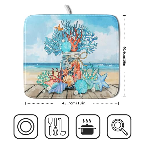 Coastal Coral Dish Drying Mat 16x18 inch Starfish Shell Fast Dry Microfiber Dish Rack Mats Drainer Pad for Countertop Kitchen Table Decor (Coral Vase / 16" x 18")