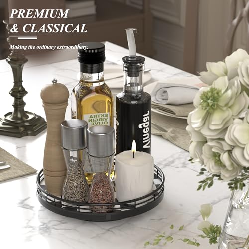 9 Inch Black and White Checkerboard Lazy Susan with Oak Base (Black & White / 9 inches)