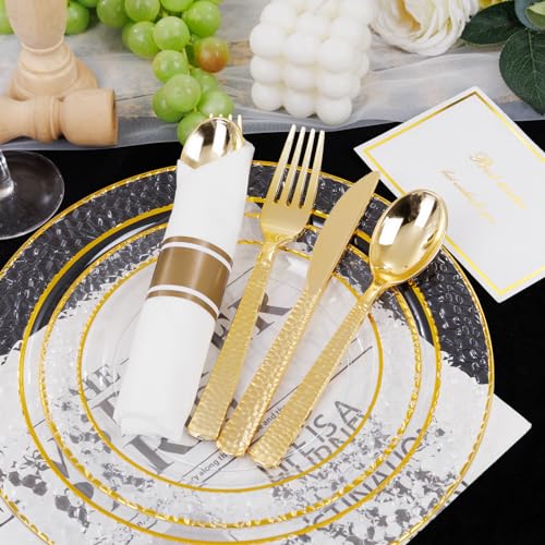 400PCS Gold Wrapped Silverware Set Disposable Hammered for Weddings (Gold - Hammered)