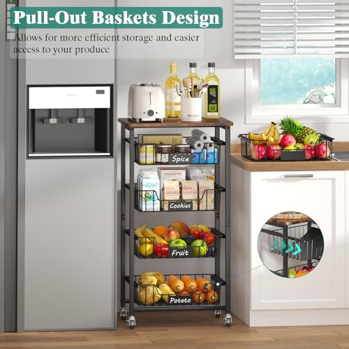 5 Tier Vegetable Fruit Basket Kitchen Storage Rolling Cart on Wheels with Pull (5 Tier / Black)