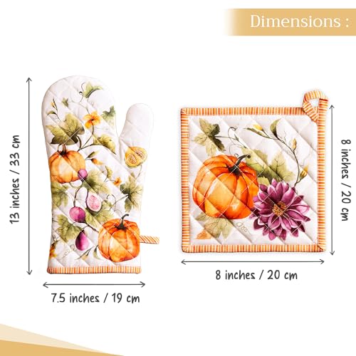 100% Cotton Oven Mitt & Pot Holder Set (069 - Pumpkin Garden - Cloudy Cream / 7.5" x 13" & 8" x 8" (Oven Mitt & Pot Holder))