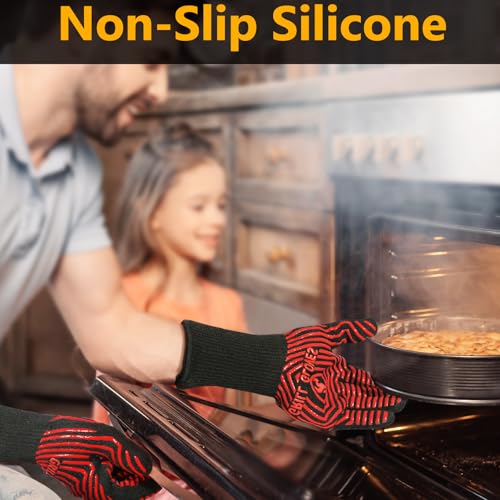 BBQ Gloves BBQ Accessories 1472℉ Extreme Heat Resistant (Black Red / One Size Fits Most(Long Cuff))
