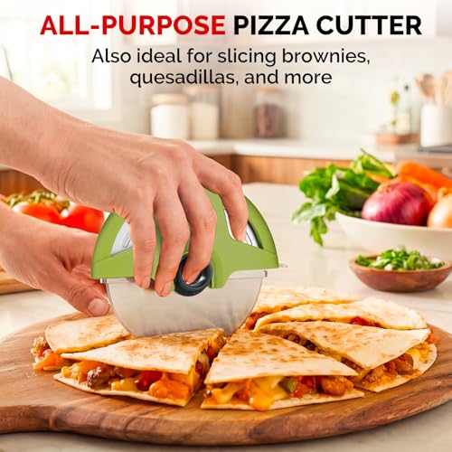 4.3" Palm Grip Pizza Cutter with Blade Cover for Thick Crusts (Green)