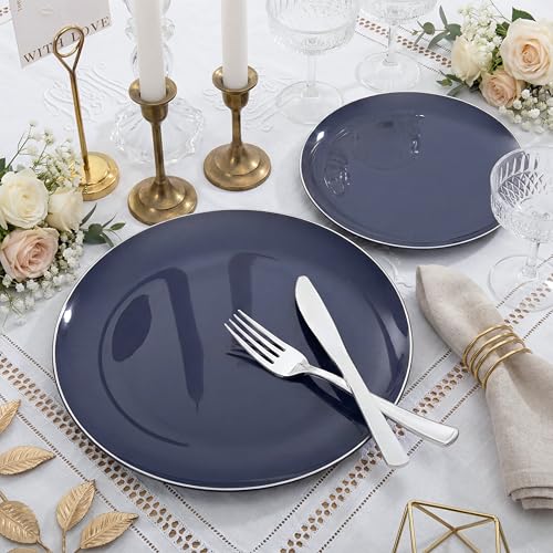 200PCS Blue Plastic Plates with Silver Rim (Blue and Silver / 200)