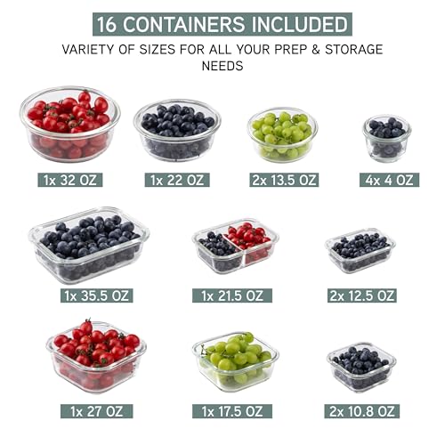 Premium 32 Pc. Borosilicate Glass Food Container Set with Dividers (Ombre Green)