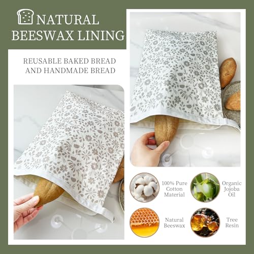 Bread Bags Reusable Beeswax Bread Bags for Sourdough (Green Floral, Beige Floral)