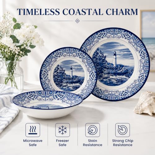 Royal 12 Piece Porcelain Dinnerware Set for 4 (Light House Dark Blue / 12)