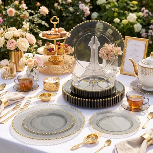 100pcs Elegant Clear Black Plastic Plates with Gold Beads for Gala (Clear Black and Gold Plastic Plates / 100PCS)