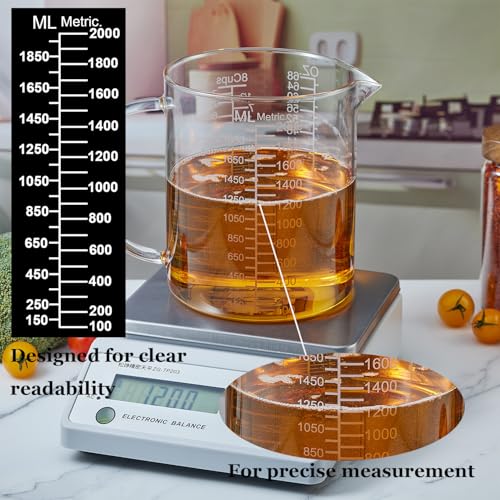 Borosilicate Glass Measuring Cup with Insulated Handle (2000 ML (64 Oz, 8 Cup) - Etched Graduated)