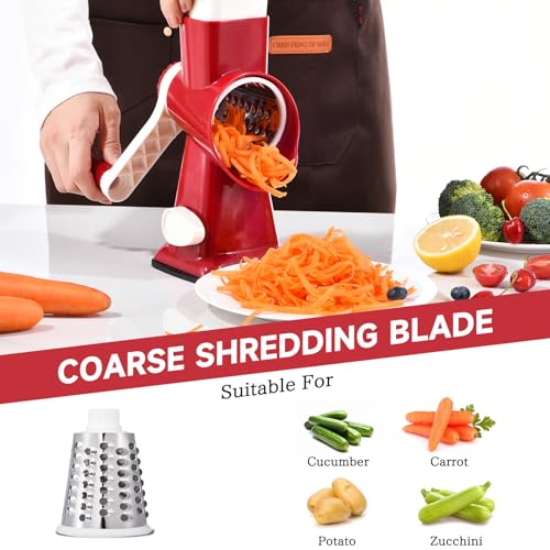 Rotary Cheese Grater with Handle Kitchen Shredder Slicer Grater Slicer Ice Shaver Cheese Vegetable Nuts Potato Zucchini Chocolate 3 Interchangeable Blades