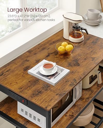 Kitchen Island with 3 Shelves (47.2"W x 34.9"H / with Power Outlets / Rustic Brown + Black)