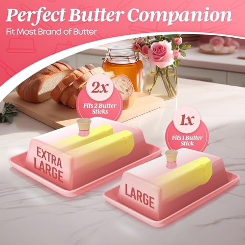 Large Ceramic Butter Dish with Lid for Countertop (Pink / Large)