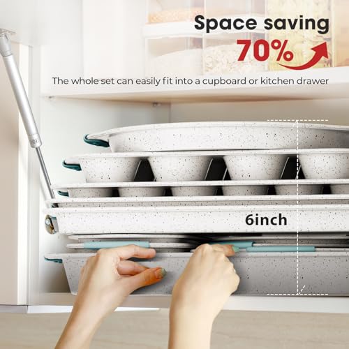 11-Piece Non-Toxic Bakeware Set – Nonstick, Stackable & Oven Safe Pans set (White&Blue)