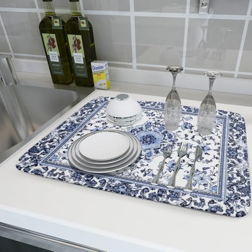 Boho Floral Dish Drying Mat 18x24 Inch Blue Leaves Kitchen Drying Pad Reversible Absorbent Dish Drainer Rack Mats Counter Tableware Decor (Blue Boho Floral / 18" x 24")