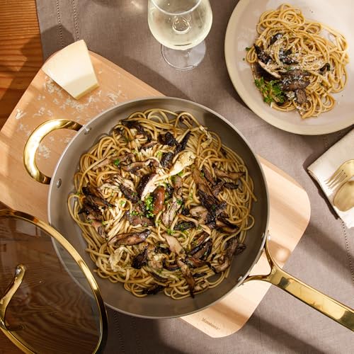 Non Stick Frying Pan (Cappuccino Cream w/ Gold Handle / Saute Pan w/ Lid (6-Quart))