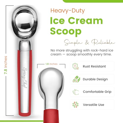 Heavy Duty Metal Ice Cream Scoop with Soft Grip Handle (Red)