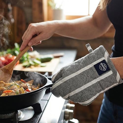 Oven Mitts and Pot Holders Set (Oven Glove + Pot Holder / Roma Grey Stripes)