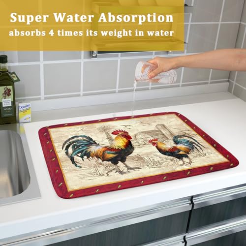 Farm Rooster Dish Drying Mat for Countertop 18x24 Inches Red Rustic Chicken Absorbent Microfiber Dry Dishes Pads Kitchen Counter Accessories (Red Rooster / 18" x 24")