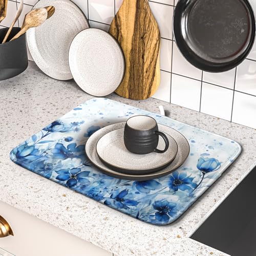Blue Floral Dish Drying Mat for Kitchen Counter Watercolor Leaves Dishes Drainer Rack Mat Absorbent Microfiber Dish Draining Pad 16x18 Inch (Watercolor Blue Floral / 16" x 18")