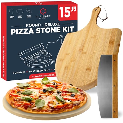 15" Round Pizza Stone for Oven Set 3PCs with Pizza Peel for Oven and Cutter