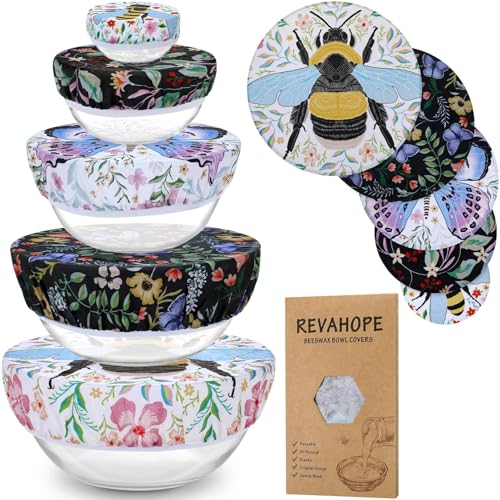5Pcs Reusable Beeswax Elastic Bowl Covers for Bread Proofing and Food Cover (Honeybee)