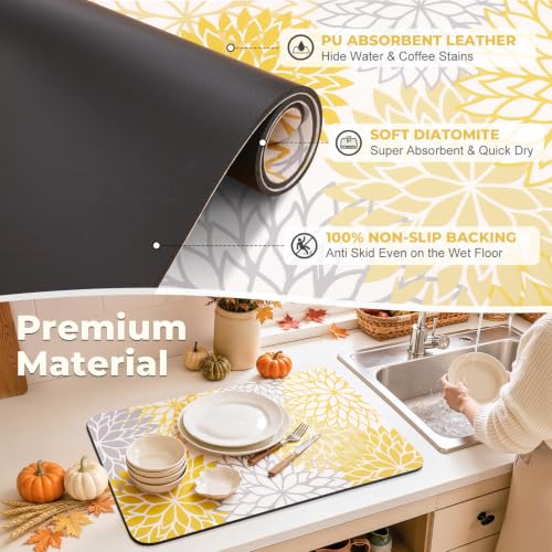 Fall Dish Drying Mat 12" x 20" Absorbent Floral Coffee Mat Yellow (Yellow / 12" x 20")