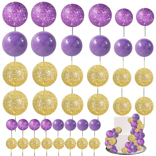 40 Pcs Ball Cake Toppers Mini Balls Cake Decorations Purple Gold Foam Balls DIY Cake Topper for Baking Congrats Grade 2026 Graduation Birthday Mardi Gras Lakers Decorations (40 Count)