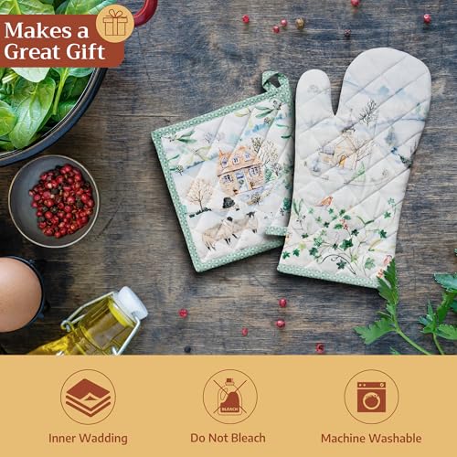 100% Cotton Oven Mitt & Pot Holder Set (104 - Snowy World / 7.5" x 13" & 8" x 8" (Oven Mitt & Pot Holder))