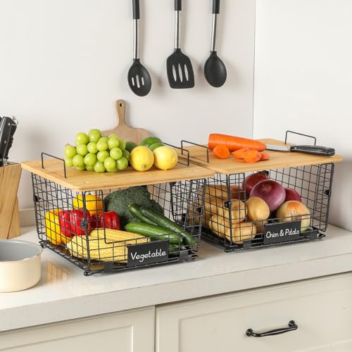 2 Set XXL Stackable Wire Basket with Bamboo Tops & Tag (XXL)