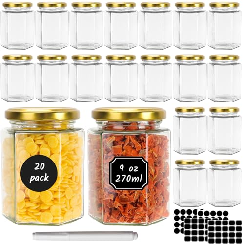 20 Pack 9 oz Clear Hexagon Glass Jars with Gold Lids (9 oz Glass Jars with Gold Lids - 20 Pack)